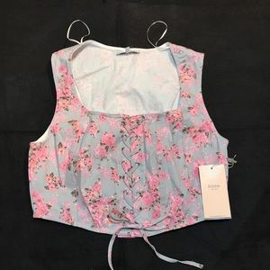 Women’s Grey Pink Pastel Floral Lace Up Corset Cropped Sleeveless Scoop Neckline